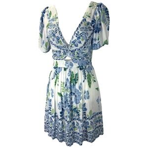 Angie White Blue Floral Mini Dress Twist Front Cutout‎ Short Sleeve Women Size L